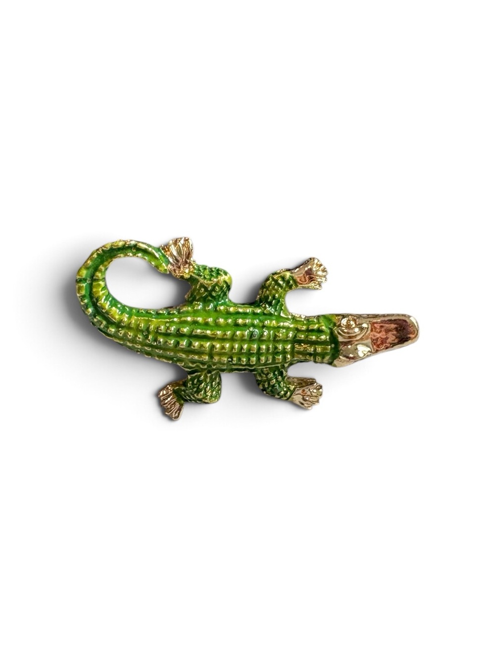 Green Enamel Alligator Crocodile Brooch Gold Tone Figural Animal Pin